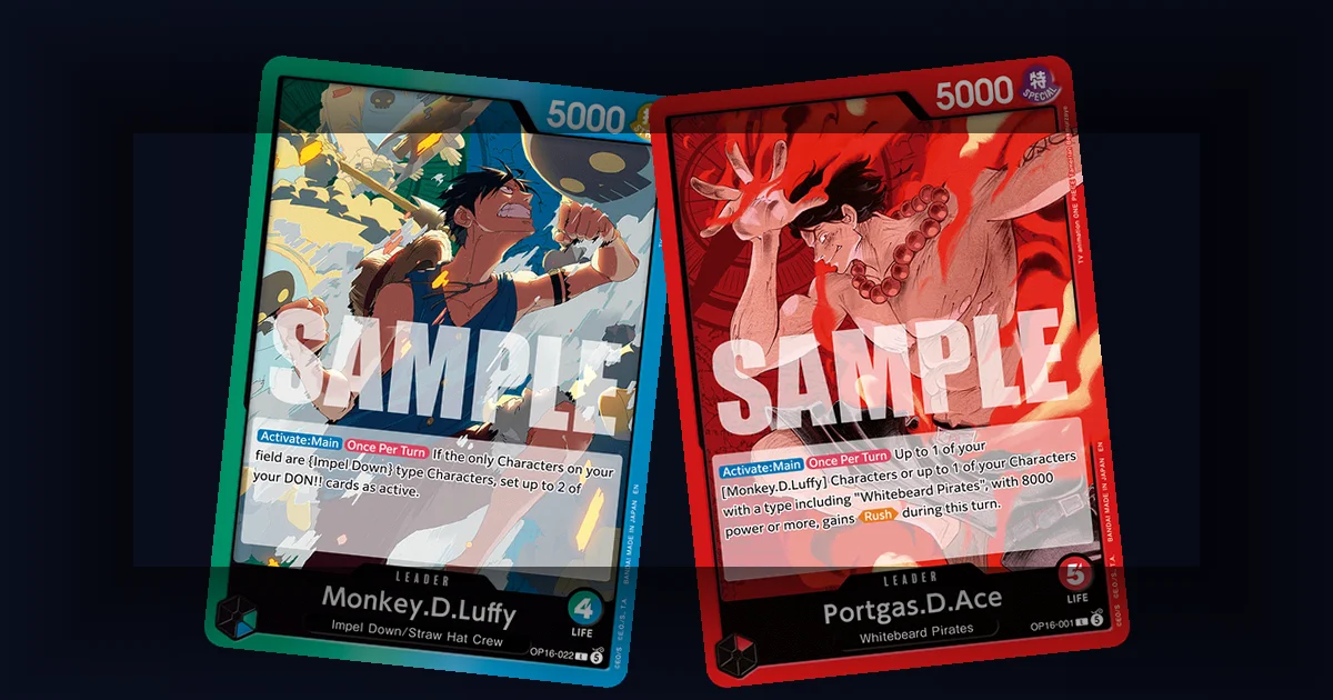 Monkey D. Luffy and Portgas D. Ace OP-16 Leader cards displayed side by side, the same printed cards you reference whether playing physically or through an online tool
