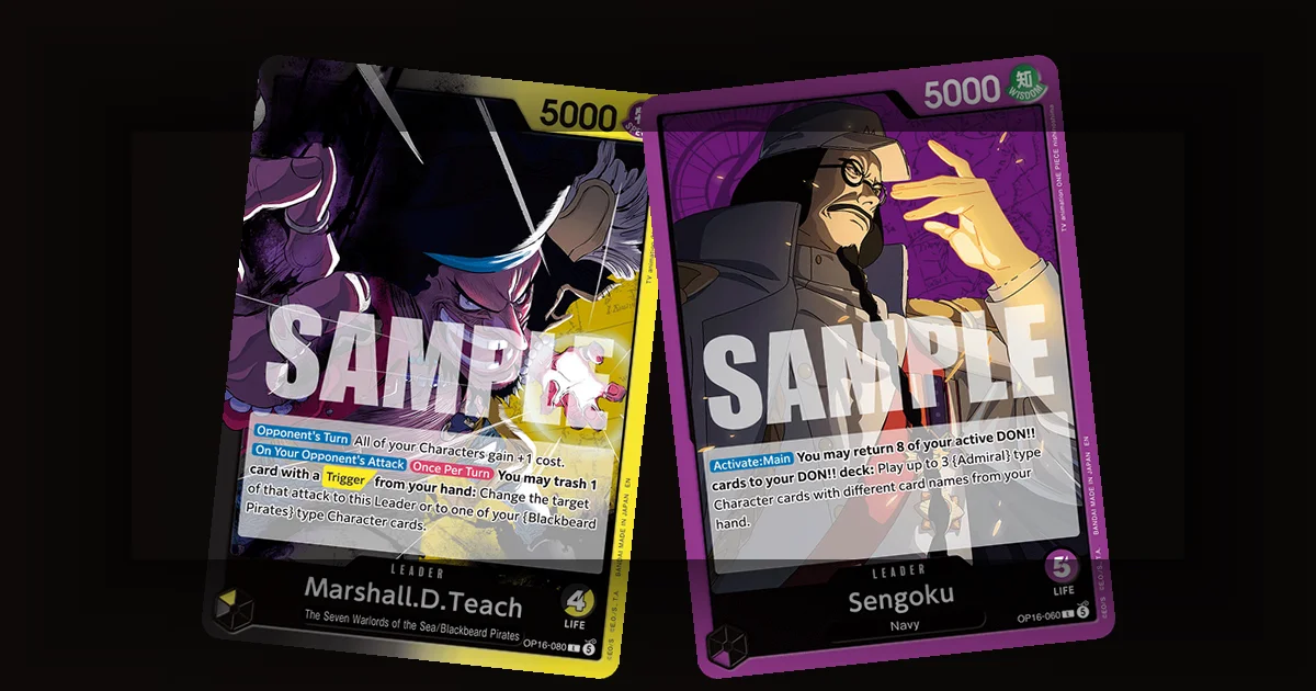 Marshall D. Teach and Sengoku Leader cards from OP-16, showing the printed cost, ability text, and Life value every player needs to read correctly