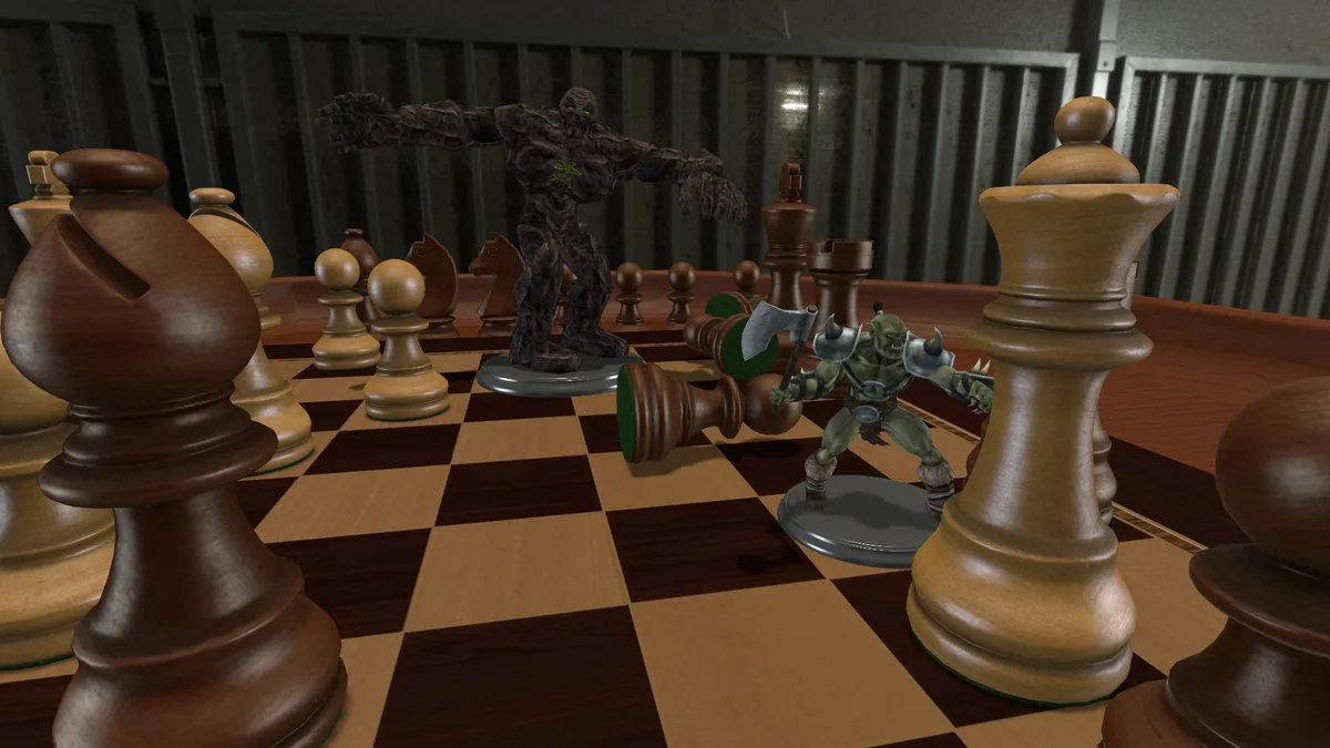Tabletop Simulator's general 3D sandbox environment, shown here with its default chess set on a virtual table with adjustable camera angles