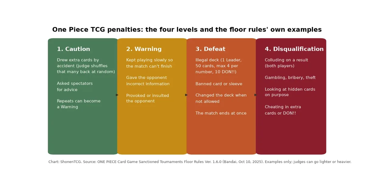 Diagram of the four One Piece TCG penalty levels in the Floor Rules, Caution, Warning, Defeat and Disqualification, each listing the rules' own example violations, from drawing extra cards by accident to colluding on a result