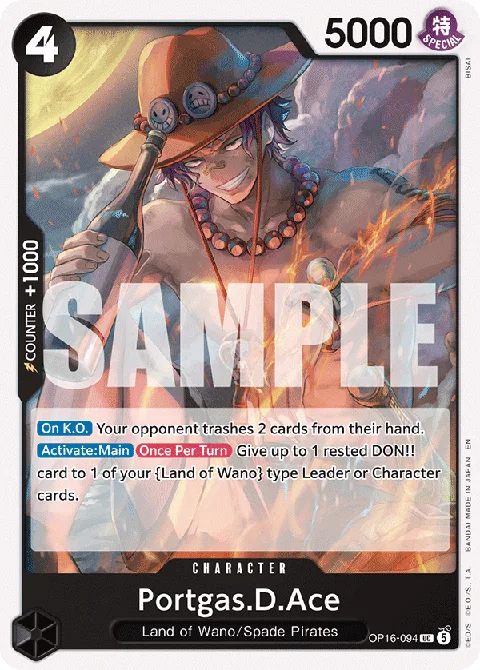 Portgas D. Ace OP16-094 Red character card artwork showing Ace in his iconic orange hat and tattoo during the Marineford War moments before Whitebeard's death