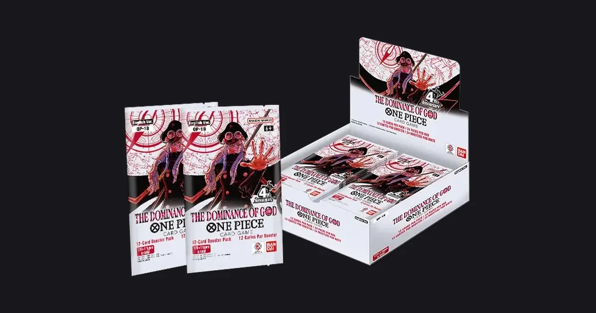 Official OP-18 The Dominance of God booster packs and display box from Bandai's product page