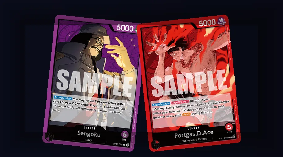 One Piece TCG tournament leader cards Sengoku and Ace set up for a competitive match