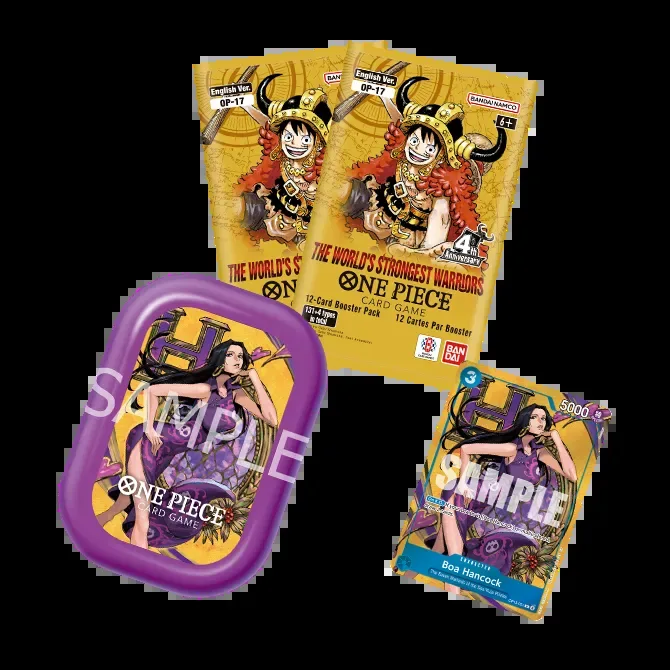 Bandai sample image of a purple Boa Hancock mini case with its promo card and two OP-17 booster packs