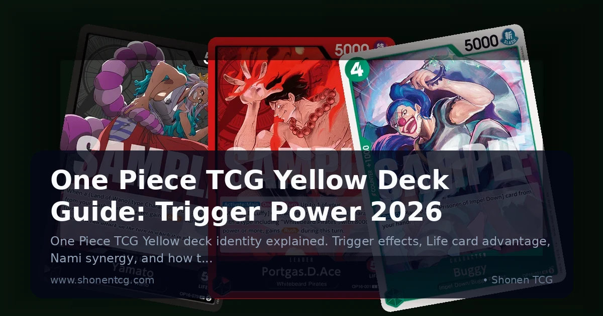 One Piece TCG Yellow color cards fanned out showing Big Mom and Nami leader cards with golden card borders