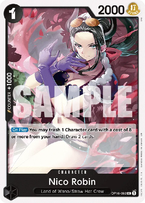 Nico Robin OP16-092 Blue Yellow character card artwork showing Robin in her post-timeskip outfit channeling Hana Hana no Mi flower arms in Wano-era attire