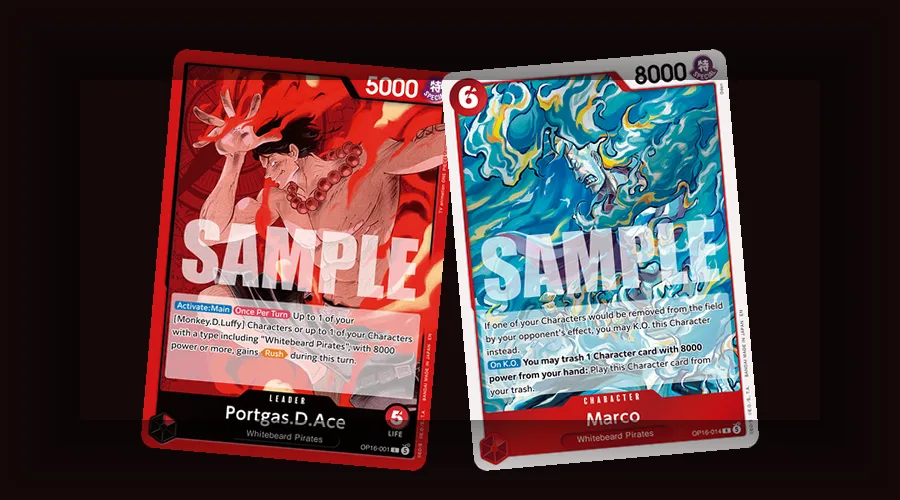 Ace leader (OP16-001) and Marco defensive Character (OP16-014) form the Whitebeard Pirates core.