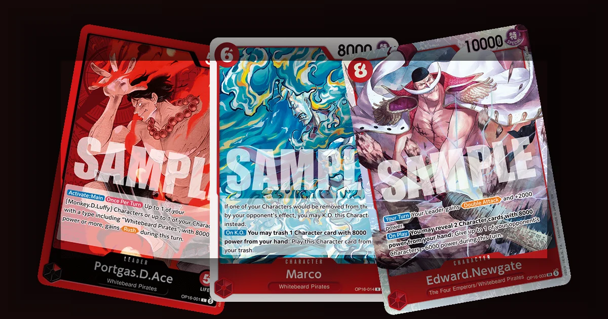 Portgas D. Ace OP-16 leader card laid on a red play mat next to Moby Dick stage card