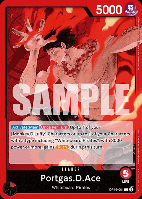 OP-16 Portgas D. Ace leader card (OP16-001), the Red Whitebeard Pirates aggro leader