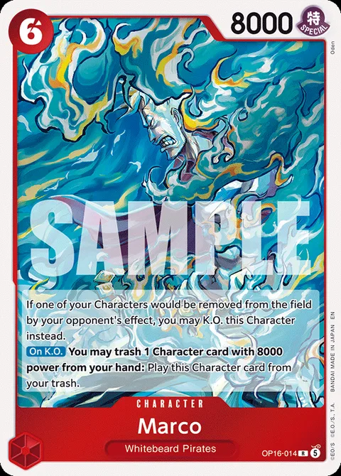 OP-16 Marco card (OP16-014), the Whitebeard Pirates blocker that anchors the Ace board