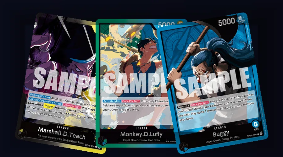 OP-16 Sengoku, Yamato, and Blackbeard cards showing the Purple, Black, and Black/Yellow control and recursion archetypes