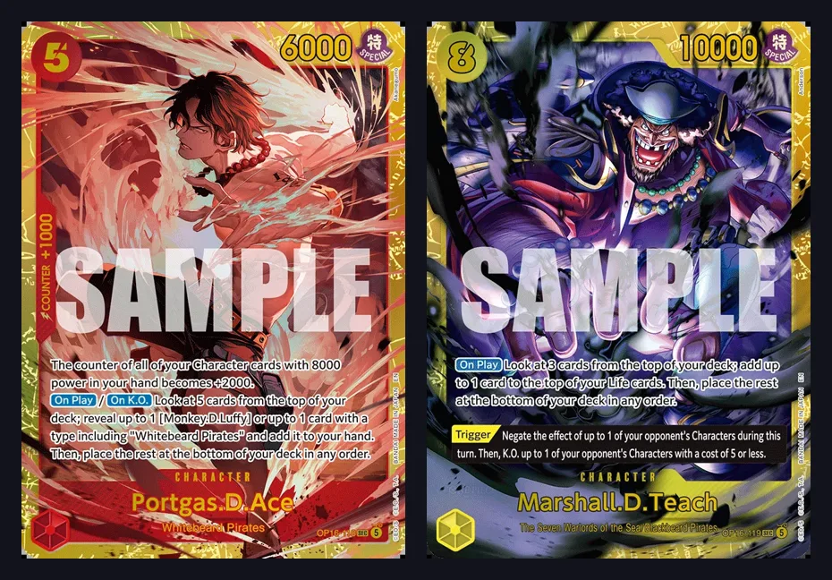 Portgas.D.Ace OP16-118 and Marshall.D.Teach OP16-119 Secret Rare Character cards side by side