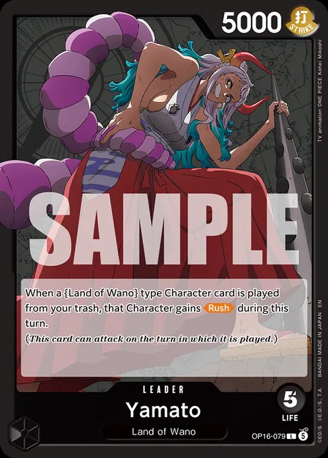 OP-16 Yamato leader card (OP16-079), the Wano recursion engine at the heart of the Black/Yellow build
