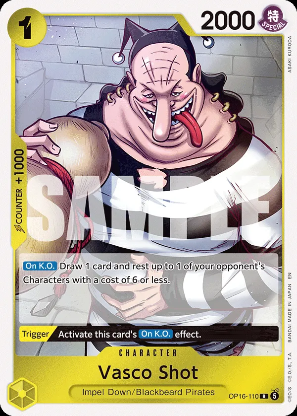 Bandai official card image of OP16-110 Vasco Shot, a 1-cost Yellow Blackbeard Pirates Character with an On K.O. draw effect and a Trigger