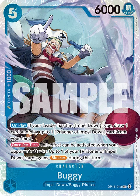Buggy OP16-048 Blue character card artwork showing Buggy the Clown with his Chop-Chop Fruit Devil power active