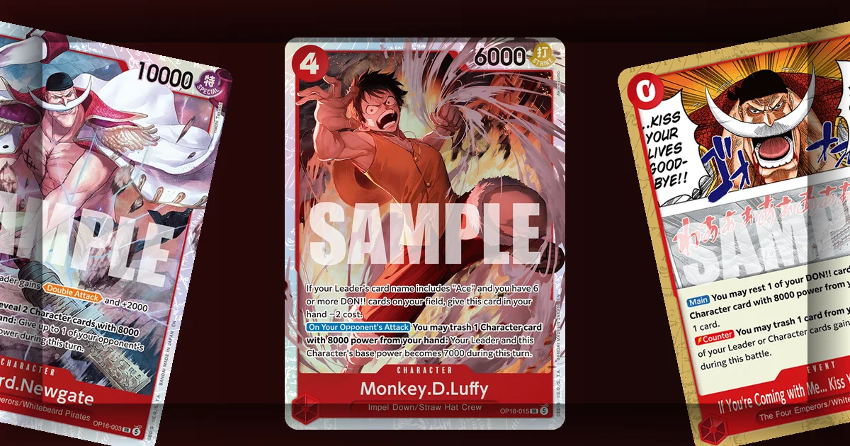 OP-16 Buggy leader card with prisoner chain cards and Impel Down crew spread around him on a red-black background