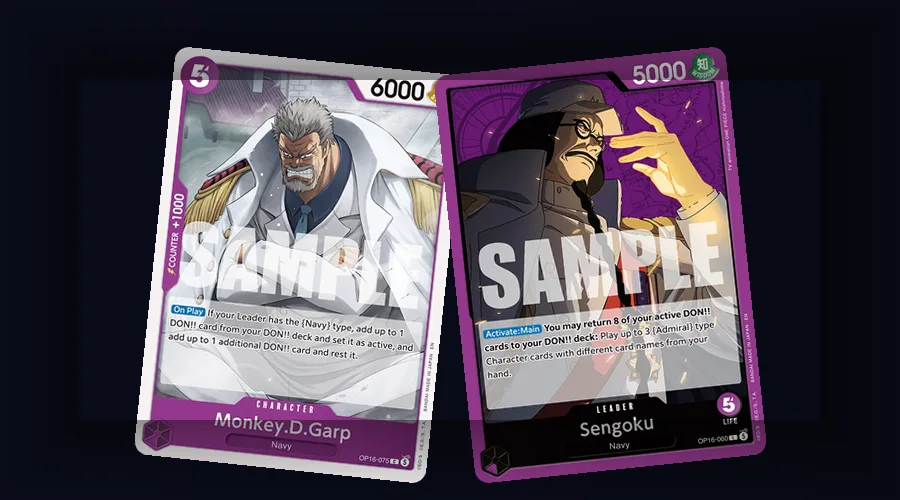 OP-16 Garp Character card alongside Sengoku leader in the Navy deck