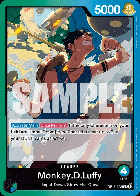 OP-16 Monkey D. Luffy leader card (OP16-022) in Blue/Green, the Impel Down Prisoner tribal engine