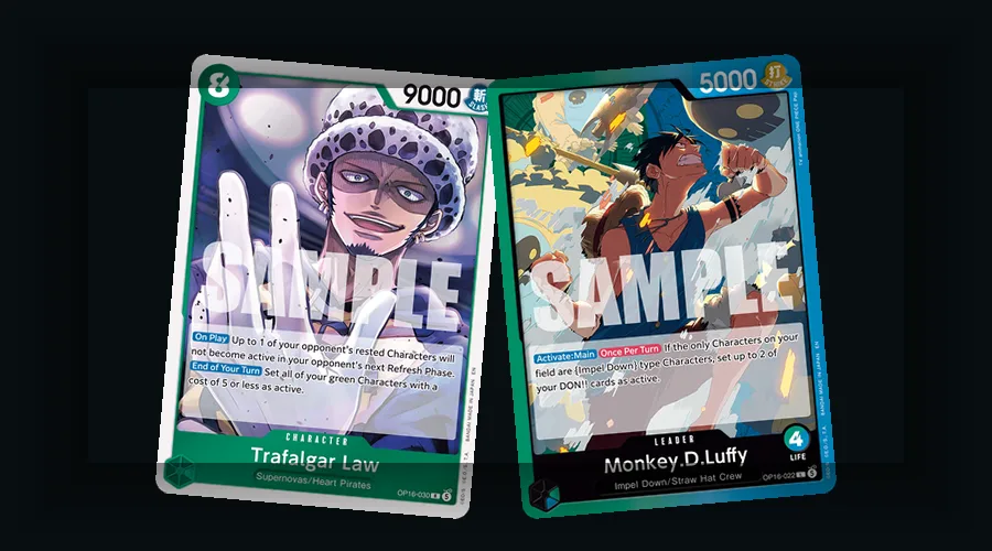 OP16-030 Trafalgar Law Character card next to OP16-022 Monkey D. Luffy Leader card showing the different card type banners
