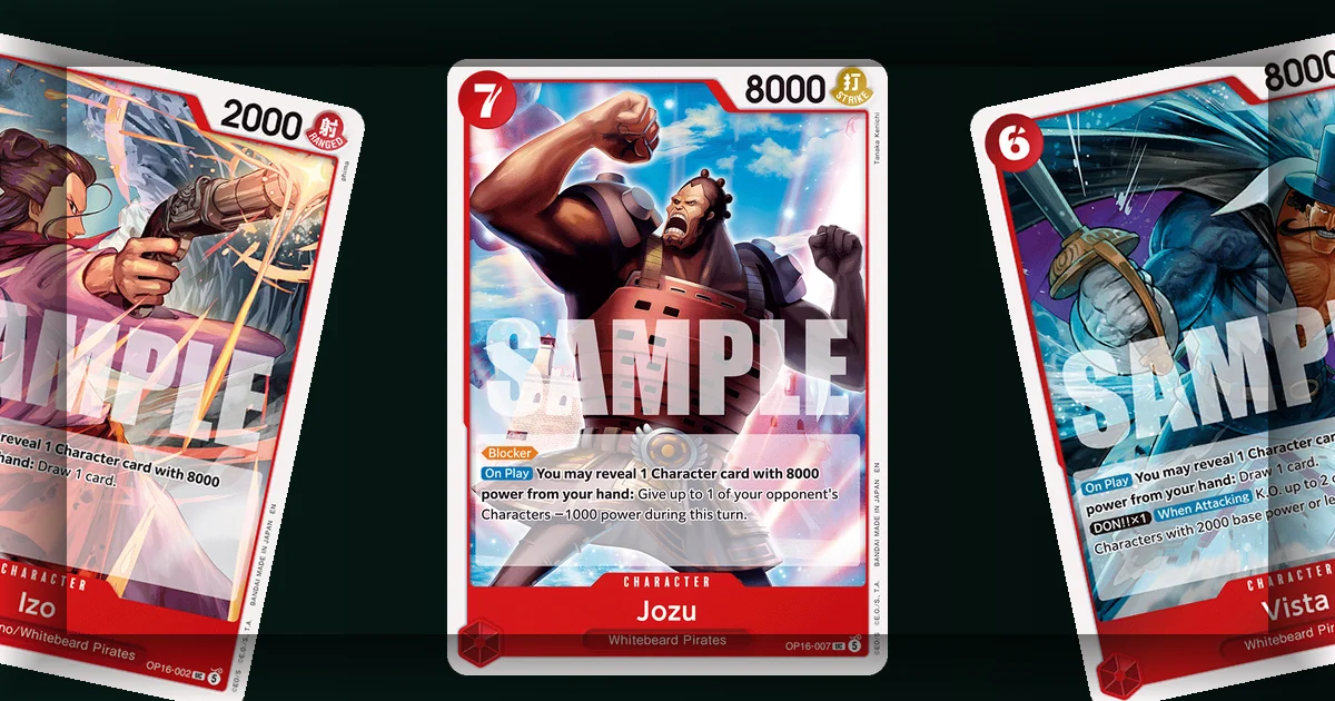 OP-16 Marco leader card surrounded by Whitebeard Pirates crew cards including Vista, Jozu, and Izo on a blue-green background