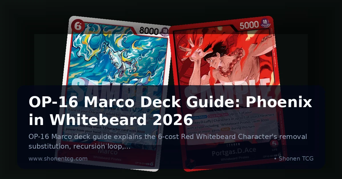 Real One Piece Card Game OP-16 sample cards showing Marco Character and Portgas.D.Ace Leader