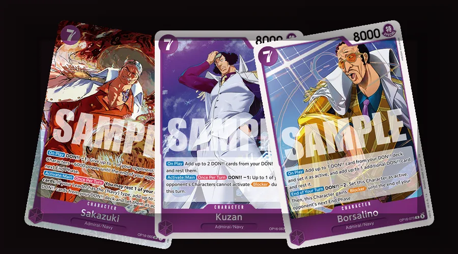 OP-16 Admiral Manga Rares Sakazuki, Kuzan, and Borsalino as the top three most expensive cards