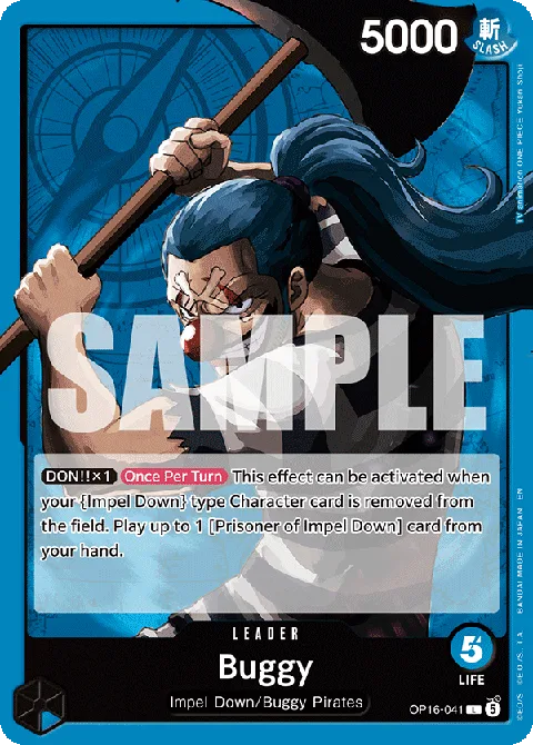 Buggy OP16-041 Blue Leader card artwork showing Buggy commanding Impel Down escapees with his DON!!x1 Once Per Turn recursion ability text visible