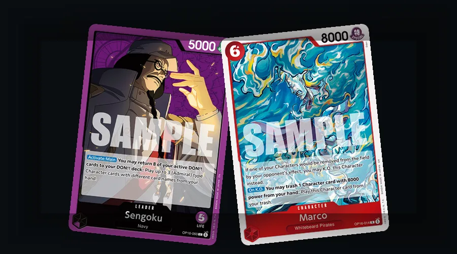 OP-16 Navy and Whitebeard Character cards showing how each faction maps to a leader and color