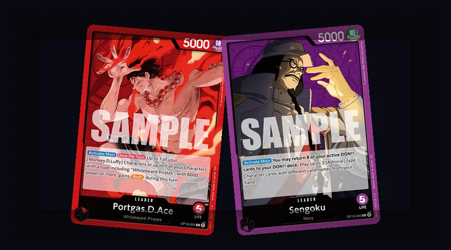 OP-16 Ace leader card and Sengoku leader card representing the two most sought-after builds at launch