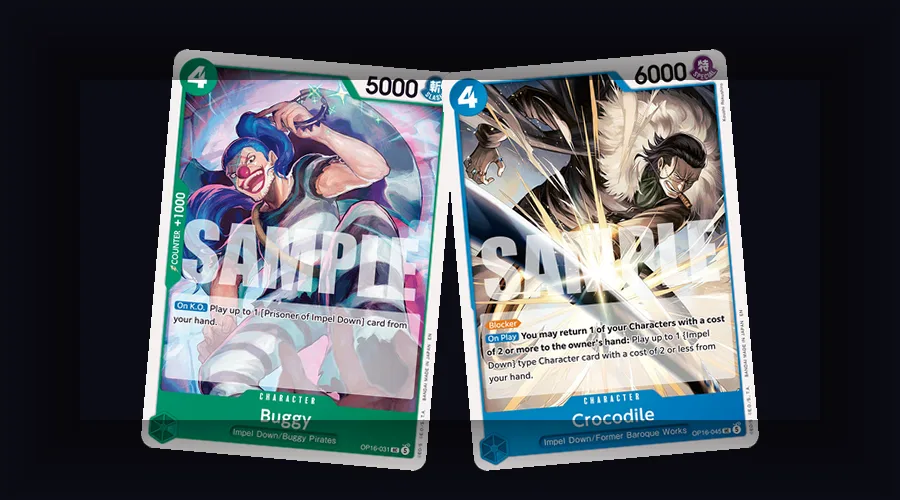 OP-16 Buggy and Luffy character cards showing the budget accessible Prisoner faction in the set