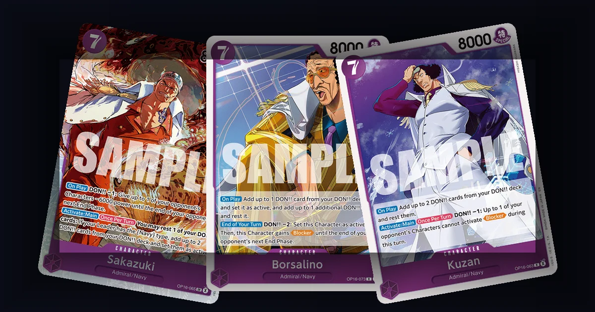 One Piece TCG Rosinante Purple-Yellow leader card surrounded by Marine support cards on a play mat