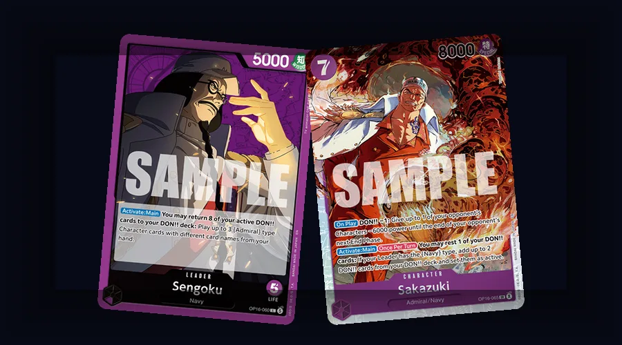 Sengoku (OP16-060) and Akainu (OP16-065), the Fleet Admiral and his key Admiral piece in the Three Admirals Navy deck