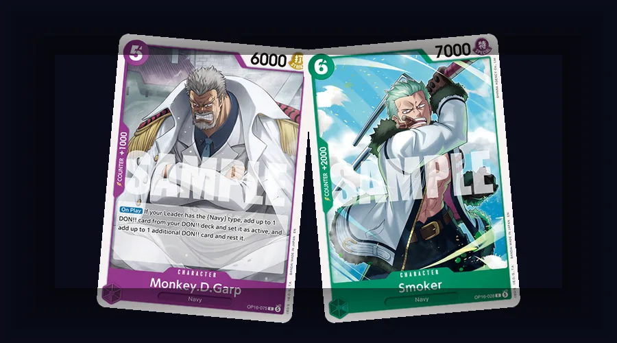 Garp (OP16-075) and Smoker (OP16-028) as Navy Character support in the Sengoku Three Admirals deck