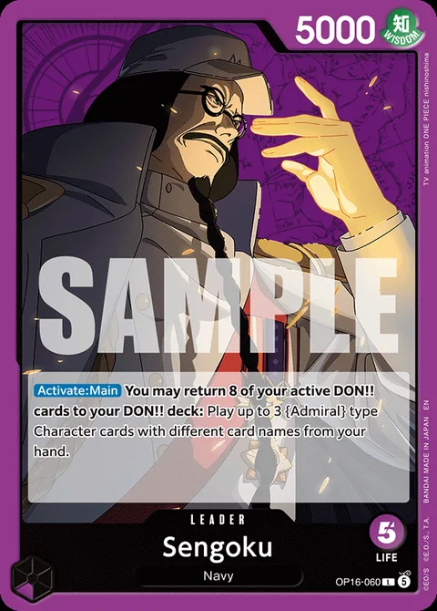 OP-16 Sengoku leader card (OP16-060), the Purple Navy ramp leader that deploys the Three Admirals