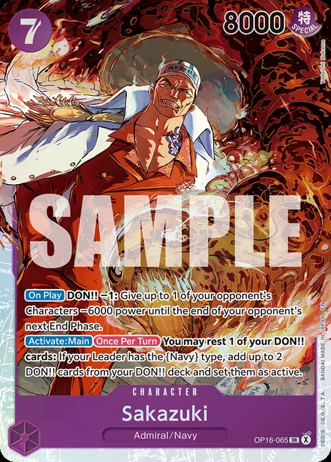 OP-16 Sakazuki Akainu card (OP16-065), the Fleet Admiral and the Sengoku deck's premier removal Admiral