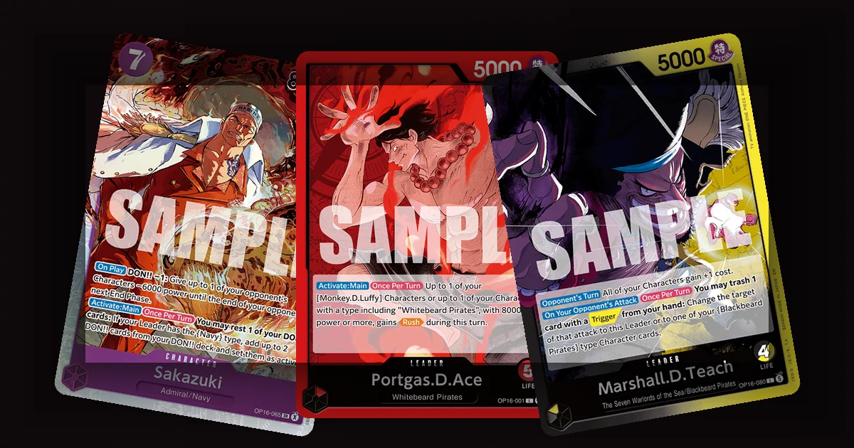One Piece TCG OP-16 Paramount War singles spread on a trading card market mat with booster packs