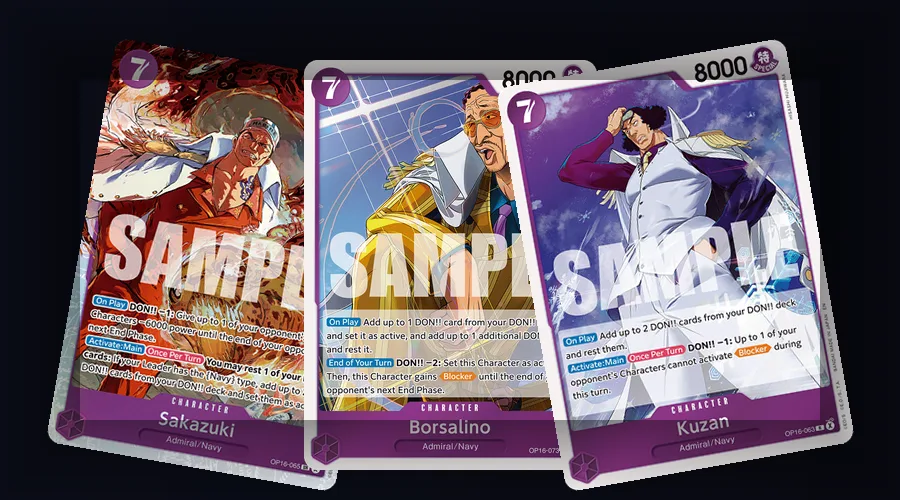 OP-16 Three Admirals Sakazuki, Borsalino, and Kuzan as the payoff Characters in Sengoku's Marine deck