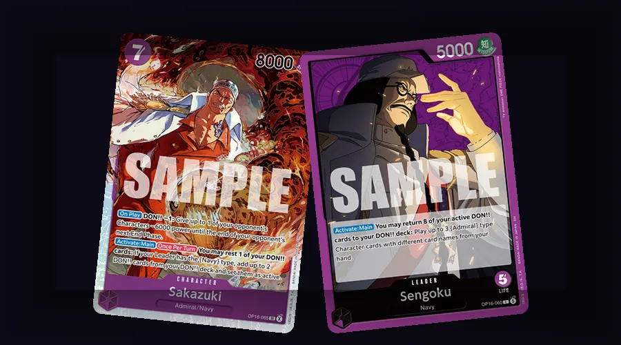 OP-16 Sakazuki Akainu as both the deck's marquee Admiral and the set's top Manga Rare chase card