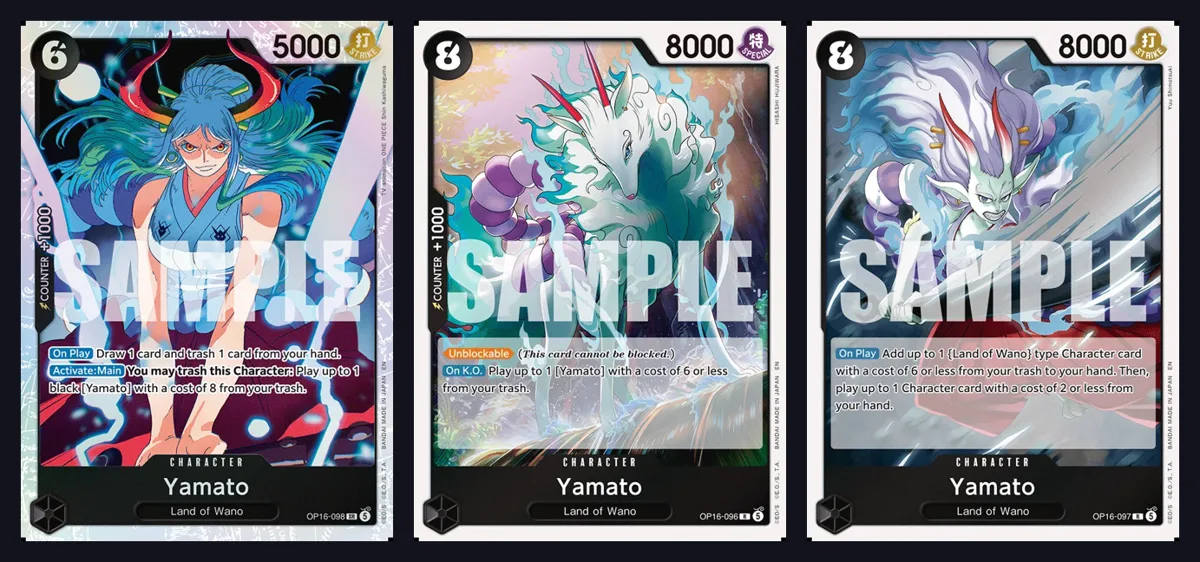 The three OP-16 Yamato Characters OP16-098, OP16-096 and OP16-097 side by side