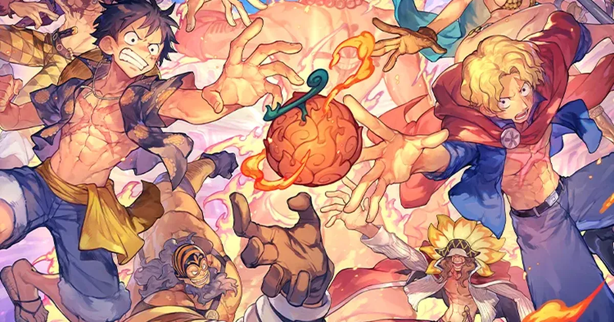 Official Flame-Flame Fruit Coliseum key art showing Luffy, Sabo, and other One Piece characters reaching toward a glowing flame fruit orb