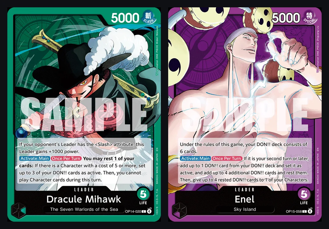 Bandai sample images of the two Dallas finalist leaders, OP14-020 Dracule Mihawk in green and OP15-058 Enel in purple