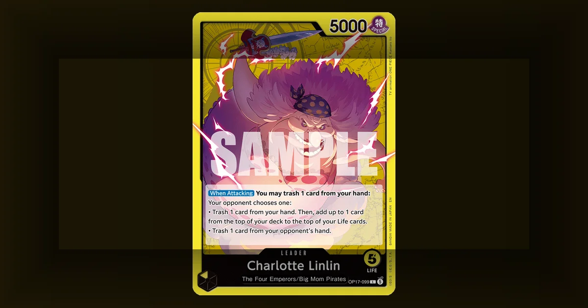 Charlotte Linlin's OP-17 leader card art, towering purple hair, gap-toothed grin, lightning bolts, and a floating sentient blade