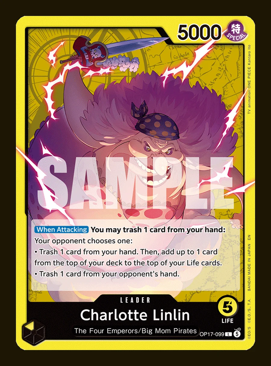 Charlotte Linlin's OP-17 leader card, full frame showing the printed hand-trash ability and the opponent's-choice branch text