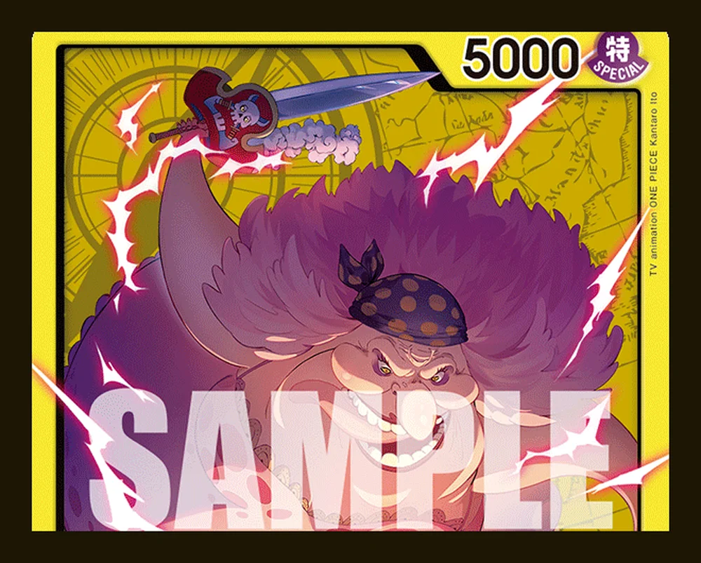 Close crop of Charlotte Linlin's OP-17 card art, wild purple hair, polka-dot bandana, sharp grin, lightning bolts, and a floating blade overhead