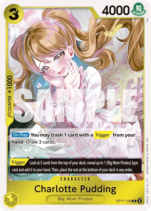 Charlotte Pudding OP17-109 Yellow Big Mom Pirates character card, cost 3 with 4000 power and a draw-3 On Play ability