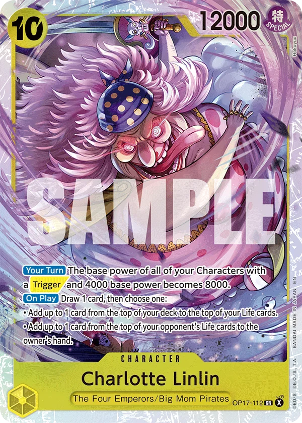 Charlotte Linlin OP17-112 Character card, cost 10 and 12000 power, whose Your Turn text makes 4000-power Trigger Characters 8000 power