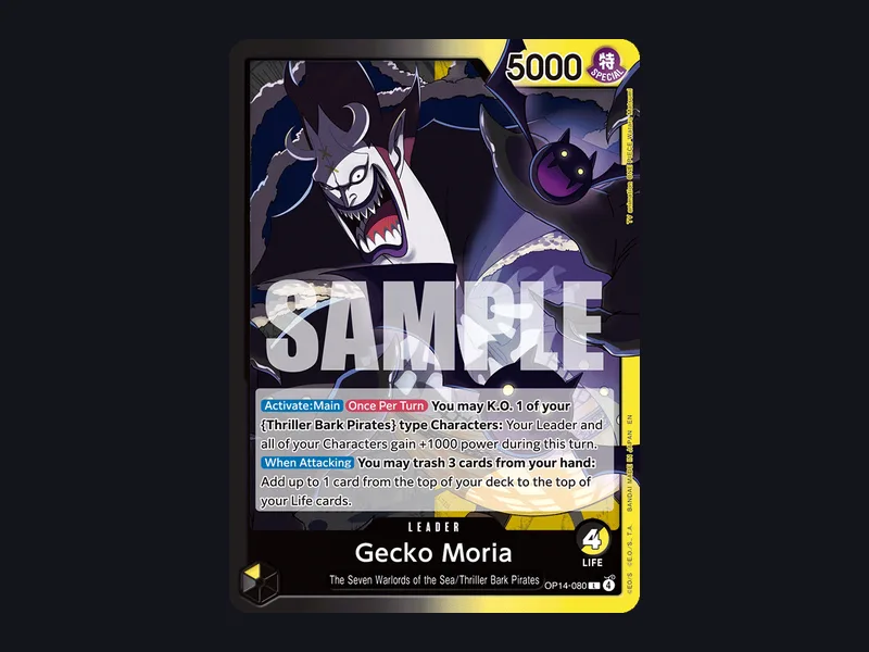 Gecko Moria OP14-080 Black and Yellow Leader card with 5000 power, 4 Life and its K.O. and When Attacking abilities