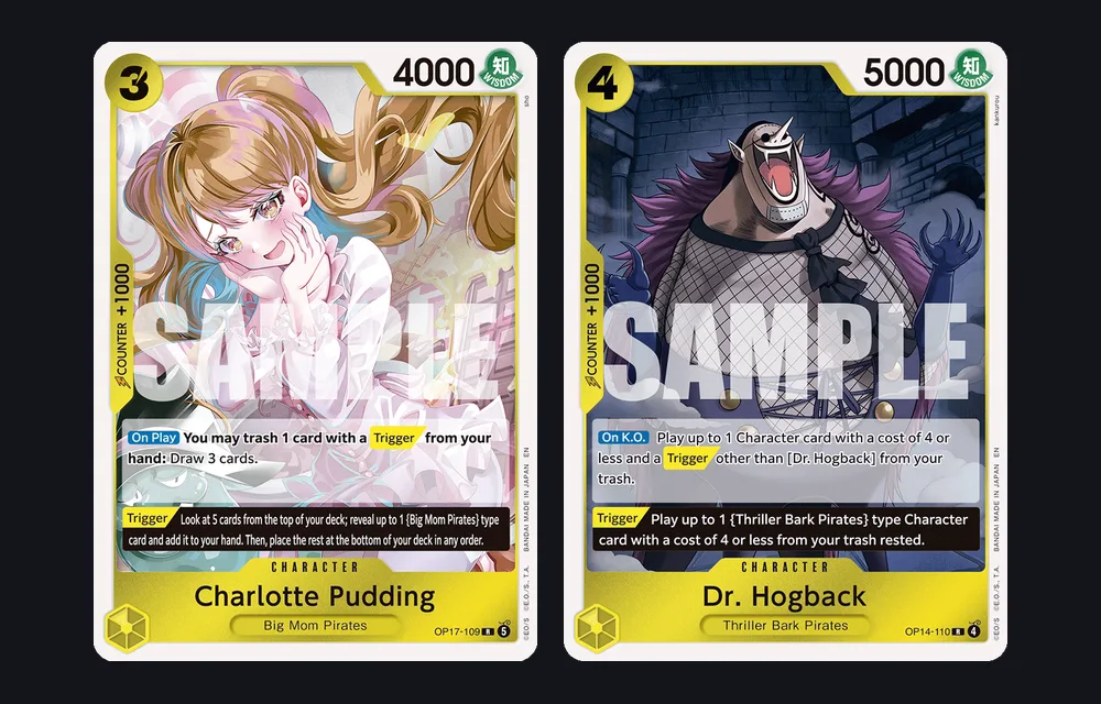 Charlotte Pudding OP17-109 and Dr. Hogback OP14-110 side by side, the draw card and the recursion card of the Moria engine