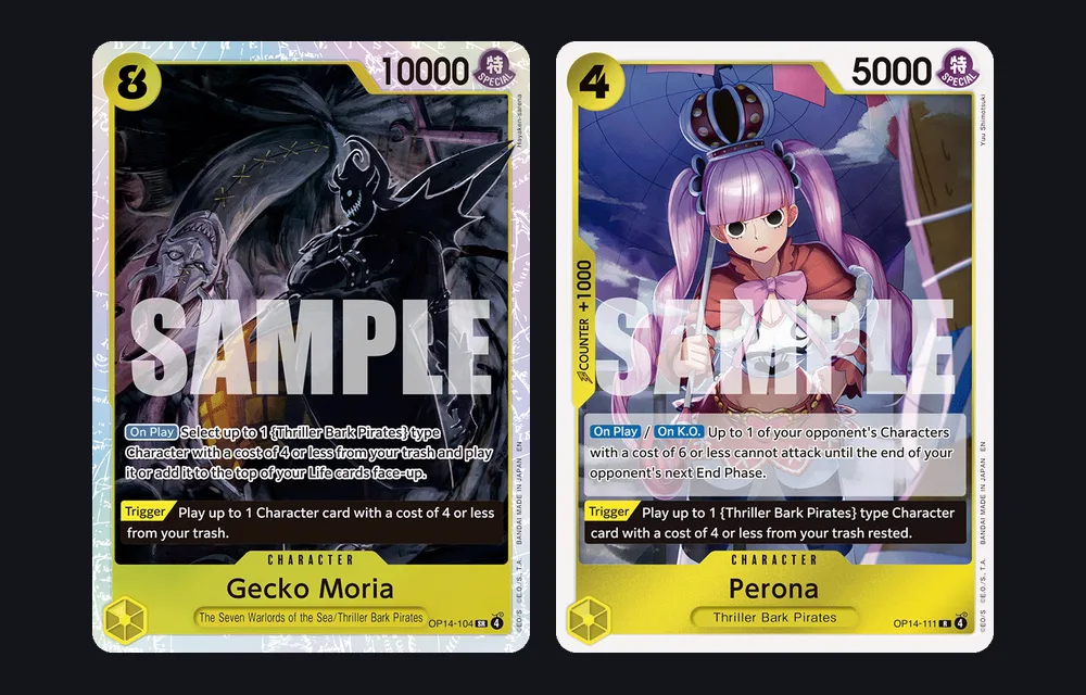 The 8-cost Gecko Moria OP14-104 and Perona OP14-111, the trash recursion payoff and the On Play and On K.O. attack lock