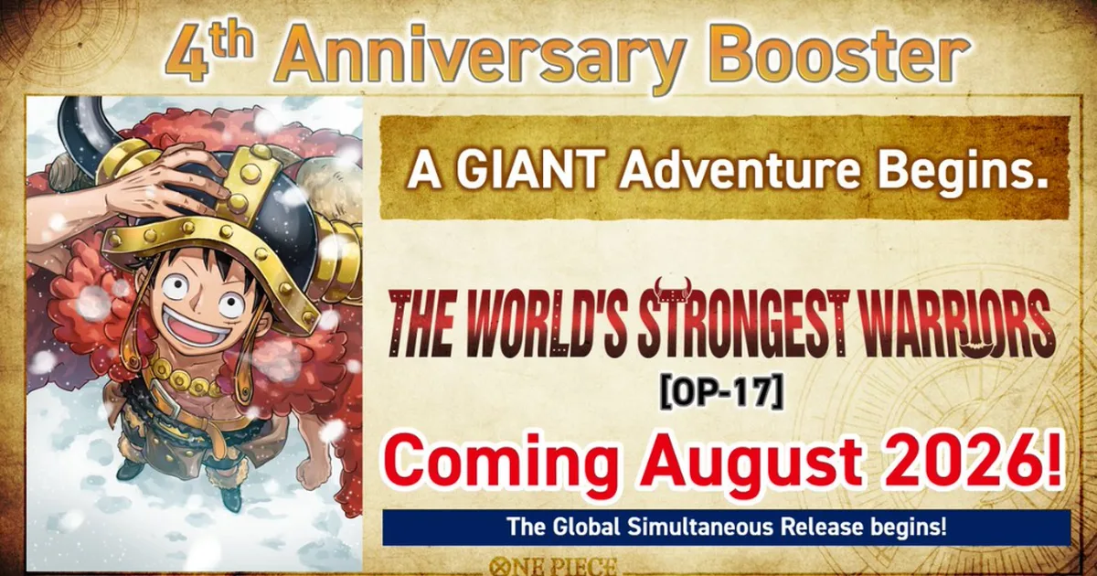One Piece TCG OP-17 The World's Strongest Warriors promotional banner marking the Rocks D. Xebec Blue leader reveal, August 2026